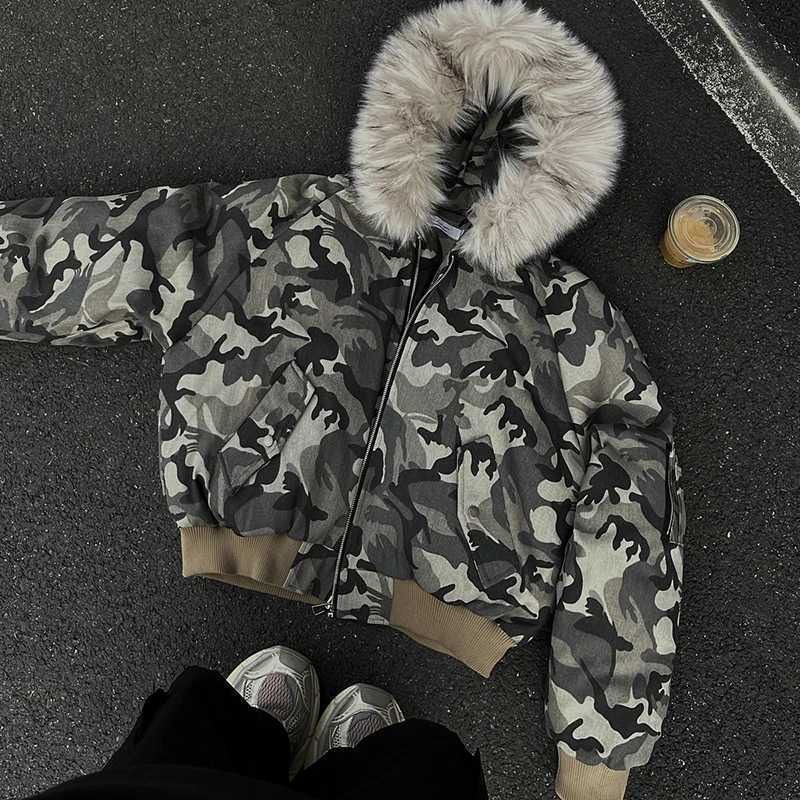 Fashion PFHQ Camouflage Men Short Cotton Jacket Large Fur Collar Hooded Design Winter Thickened High Street American Style Coat 21E7761 Y251125