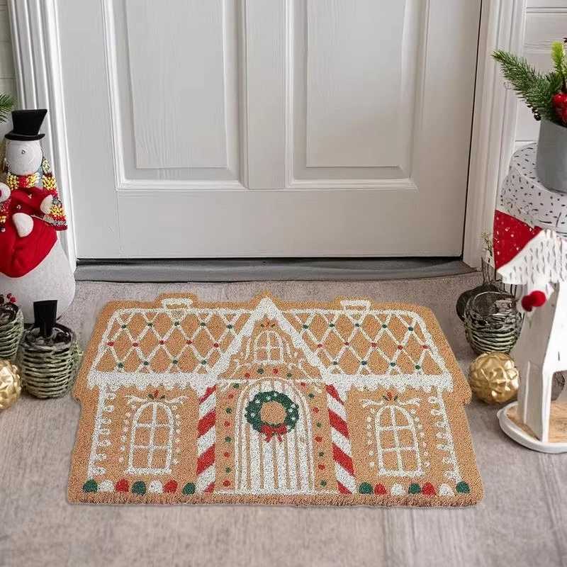 VIKAMA Christmas Gingerbread House Floor Mat Entrance Non Slip Water Absorbent Easy To Clean Festive Atmosphere Decorat CarpetM251126