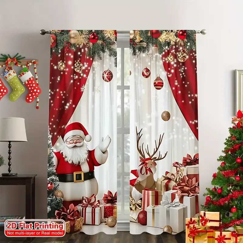 Curtain Christmas 2pcs Christmas curtains with Santa Claus and reindeer patterns vivid design for Christmas family windows filter polyester Y251126