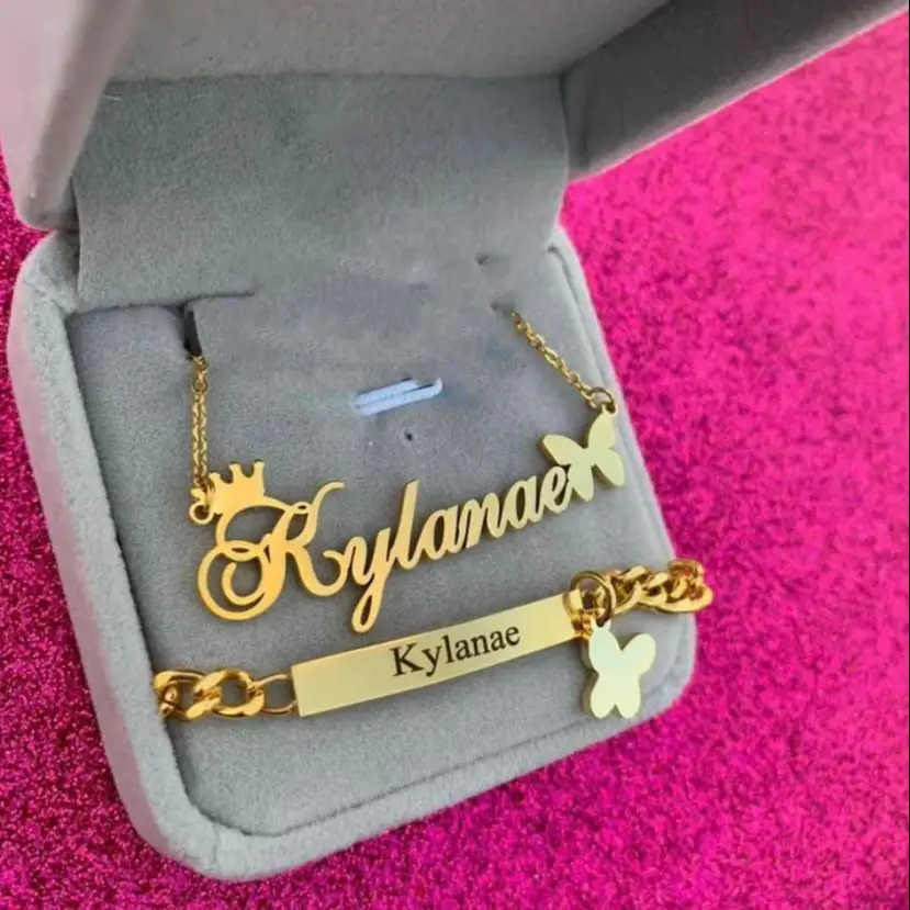 Custom Crown Butterfly Name Necklace Bracelet for Women Jewelry Stainles Steel Gold Color Nameplate s Set Gifts 251125