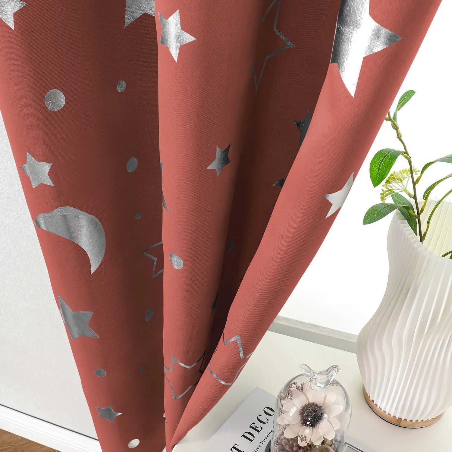 Christmas Set of 2 Blackout Silver Star Moon Curtain Pair Silver Grommet Window Panels for Bedroom Living Room Holiday Christmas Sun Y251126