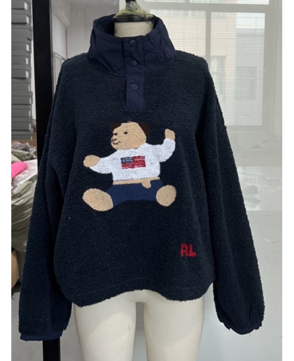 Women's Sweaters Cute Bear Pattern Sweatshirts High Collar Warm Polar Fleece Sweater Soft Blouses Tops 2025 Winter Lady Y2K Clothes
