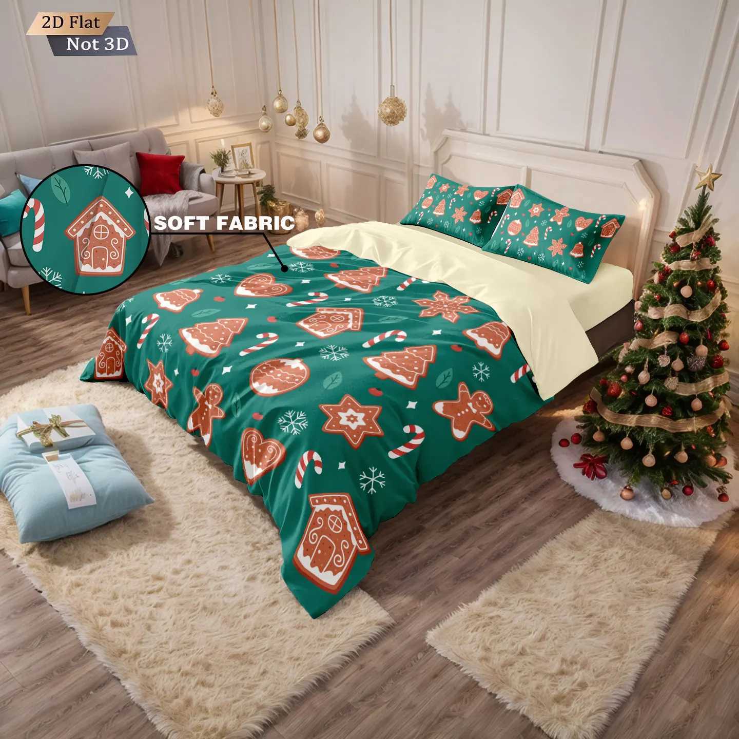 Christmas 3pcs Merry Christmas Green Printed Chipless Quilt Set Multi Size Soft Dormitory Bedding Holiday Decoration Machine Washable Y251126