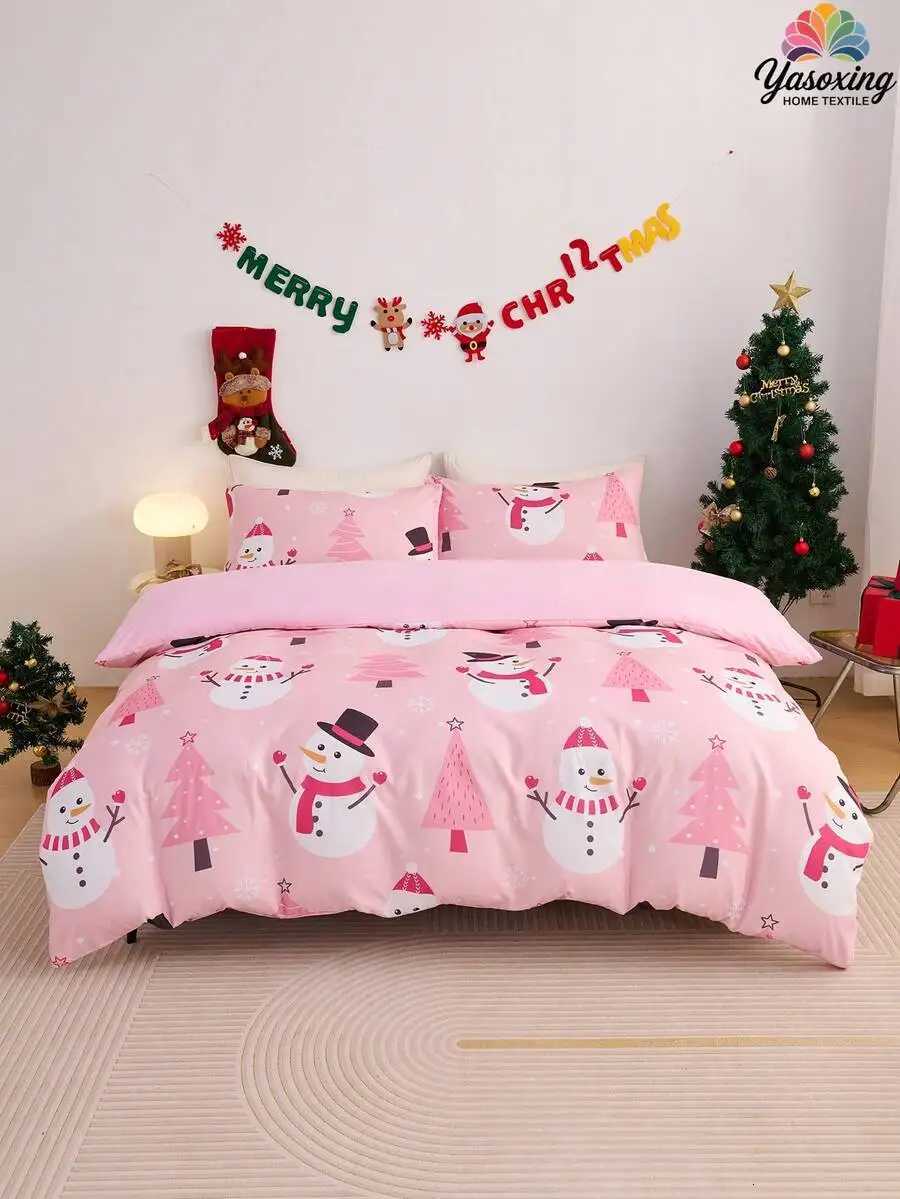 Christmas 2/3pcs Pink Christmas Snowflake Gift Gingerbread Man Snowman Pattern Reversible Color Duvet Cover Bedding Set Soft Breatheable Y251126