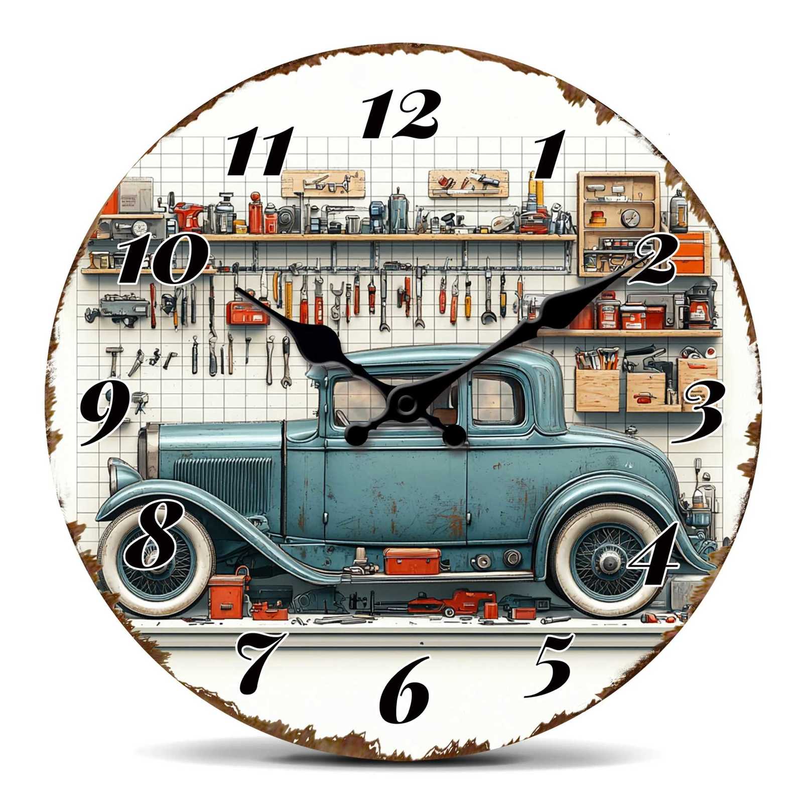 Vintage Car in Workshop Wall Clock Retro Auto Repair Scene Design Unique Garage Decor C251126