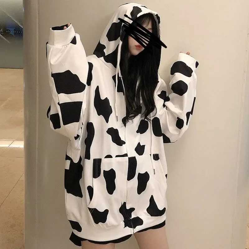Thin Cow Patterned Hoodie Jacket for Women Spring Autumn Loose Fit Zipper Casual Trendy Open Cardigan Sweatshirt J251136