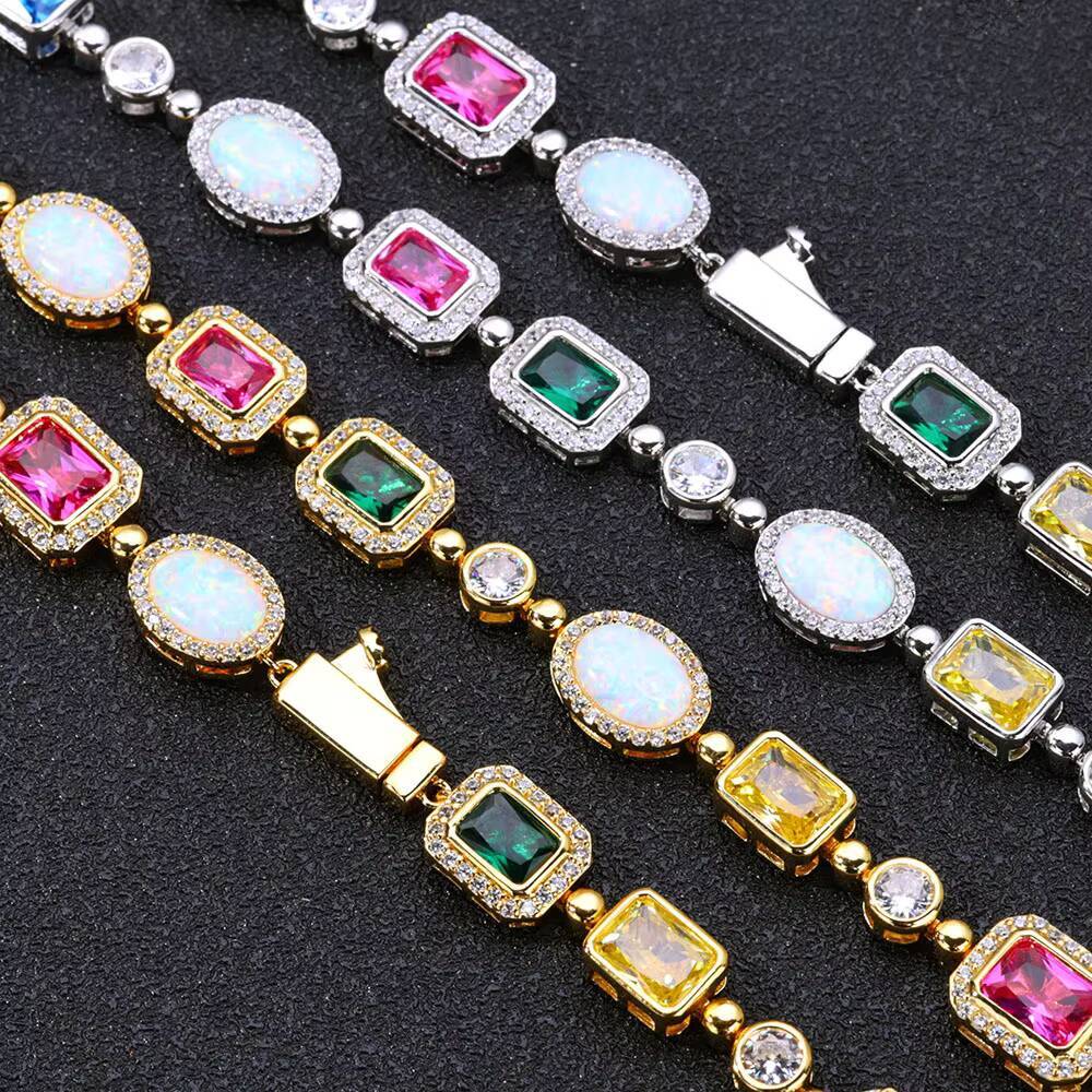 NUOYA Fashion Chain Bracelet White Gold Plated Colorful Opal Geometric Diamond Link Chain Bracelet Womens Jewelry
