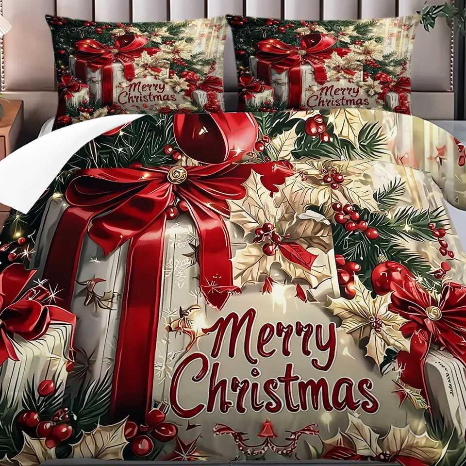 Christmas Christmas Bedding Set Red Bow Flowers Printed Cozy Duvet Cover King Queen Twin Single Size New Year Christmas Gift Bedroom Decor Y251126