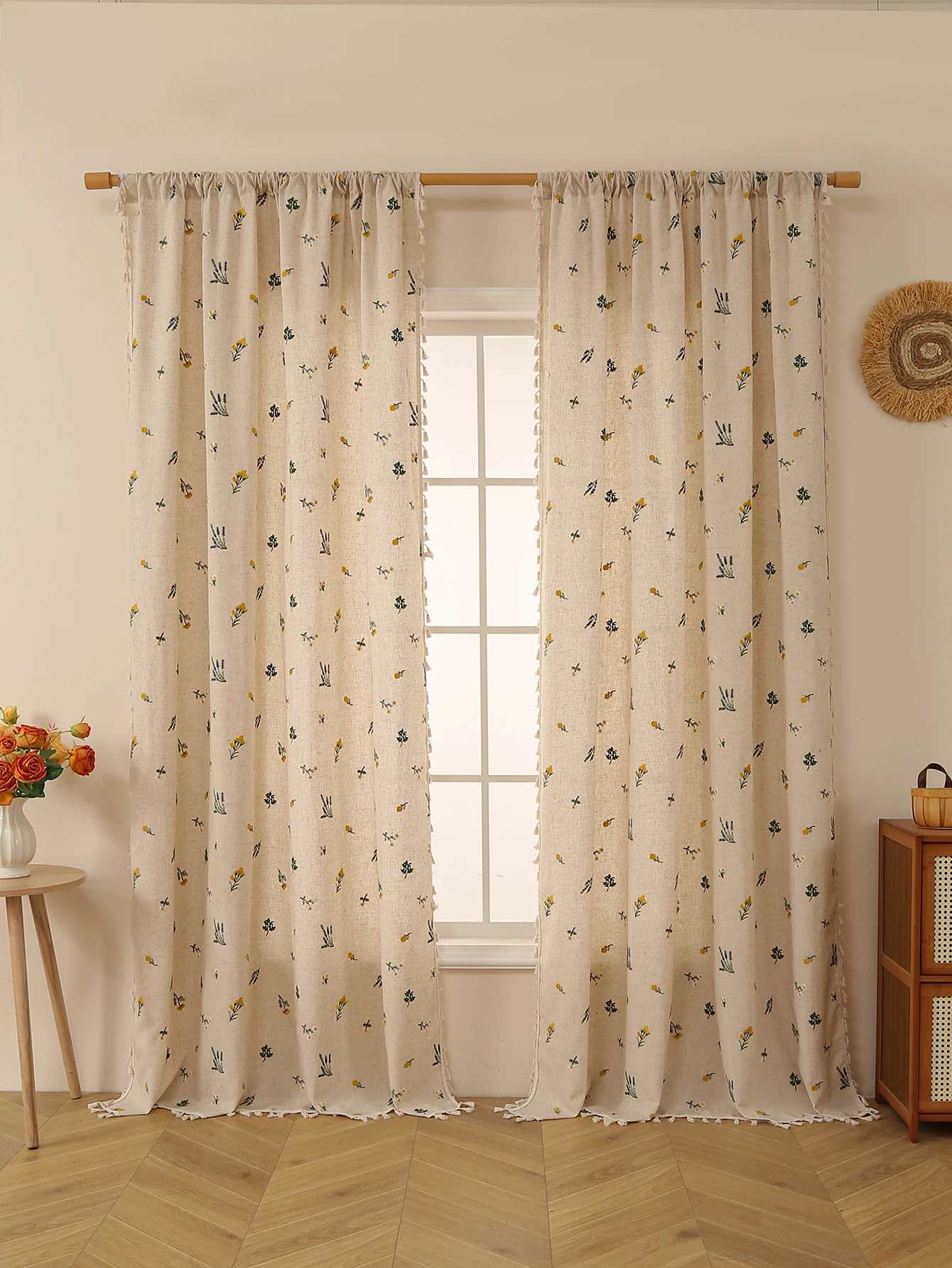 Curtain Christmas 1PC Linen Wheat Fringe Embroidery Hanging Fringe Curtains Living Room Bedroom Window Decoration Blocking Rustic Style Curtains Y2511