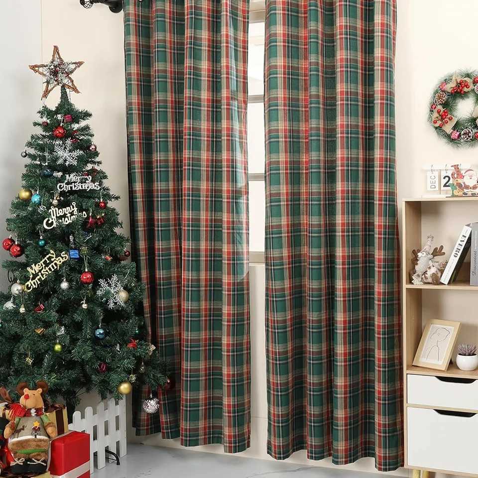 Christmas Green Check Plaid Curtains Farmhouse Style Gingham Curtain Christmas Decorative Adjustable Shades Rod Pocket Window Valances Y251126