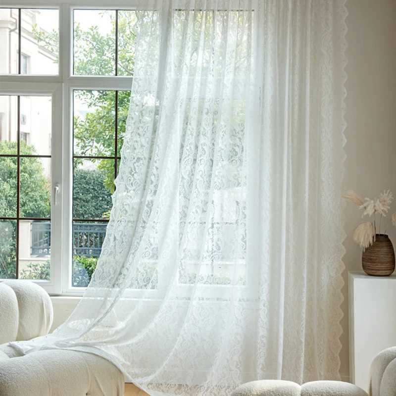 Curtain Christmas French white vintage warp knitted lace beaded gauze curtains in the living room bedroom bay window partition wave lace Korean Y25112