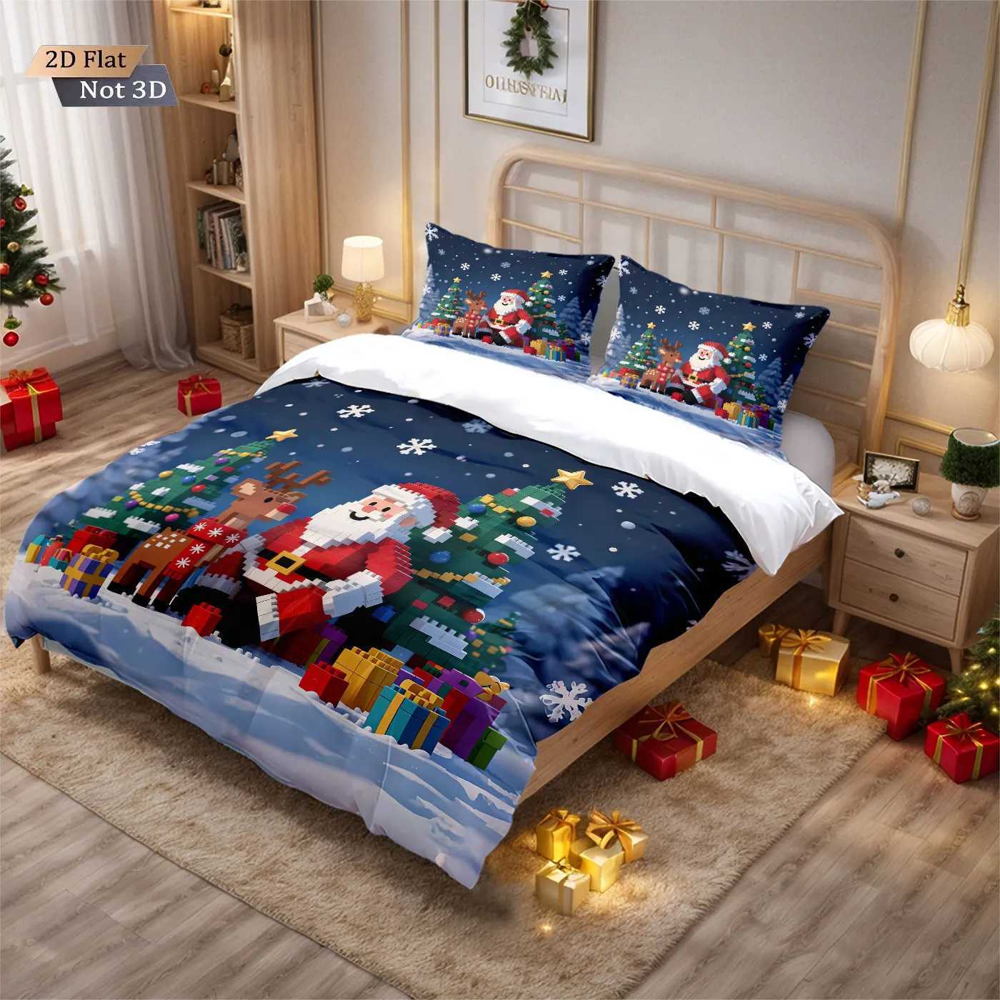 Christmas 3pcs building block cartoon Santa Claus print coreless duvet cover set multi size bedroom holiday bedding holiday decoration Y251126