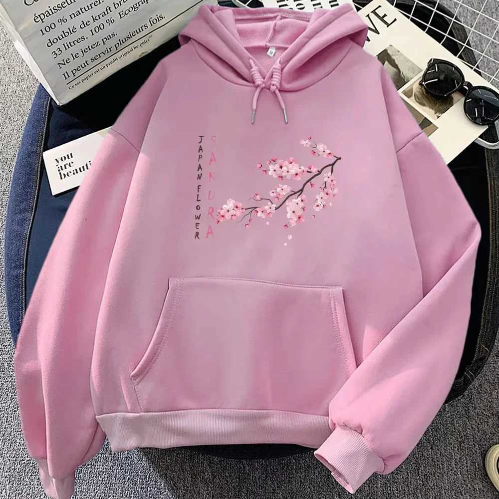 2025 Japanese Blossom SAKura Kangaroo PoCKet Hoodies Female Casual Sleeve Sweatshirt wiTH PoCKet Women Winter Pullovers J251136