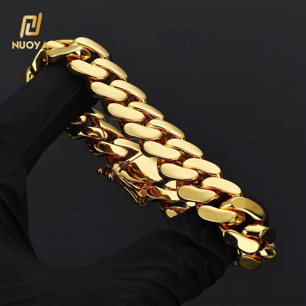 NUOYA Luxury 18K Gold Plated Flat Cuban Chain Bracelet for Men High Polished Smooth Cuban Bracelet Hip Hop Jewelry Wholesale
