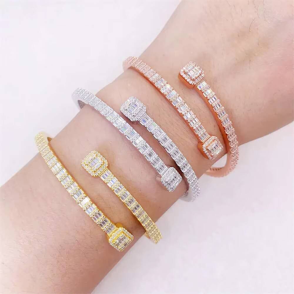 Hip Hop Jewelry 925 Sterling Silver Iced Out VVS Baguette Moissanite Bracelet T Square Diamond Cuban Link Bangles for Women Men
