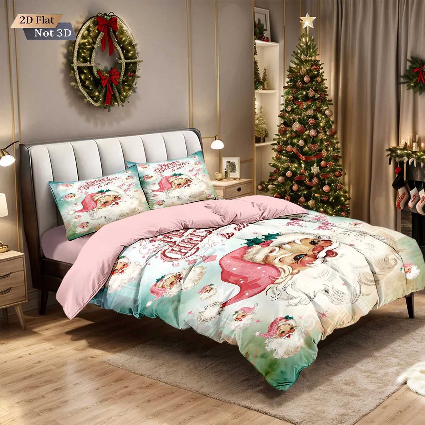 Christmas 3pcs Merry Christmas Pink Santa Claus Printed Chipless Bedding Set Multi Size Bedroom Bedding Decoration Machine Washable Y251126