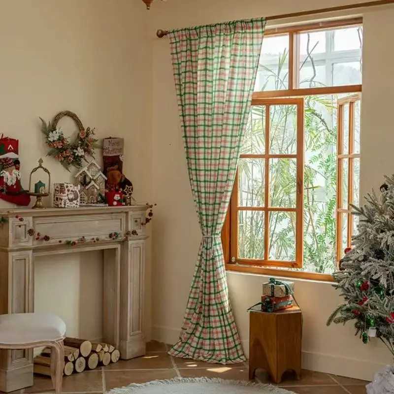 Christmas 1pc Christmas Green Red Plaid Curtain Festive Window Decor for Holiday Living Room Dining Room Y251126