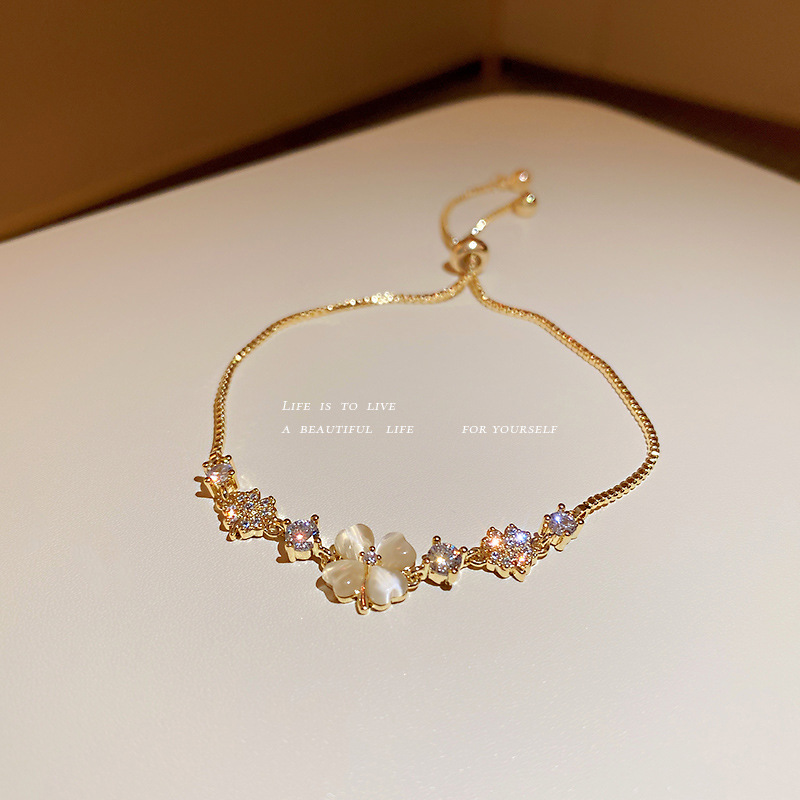 Real Gold Plated Korean Style Trendy Summer New Fashion Super Fairy Temperament Inlaid Diamond Cat's Eye Stone Petal Flower Bracelet Jewelry - view 3