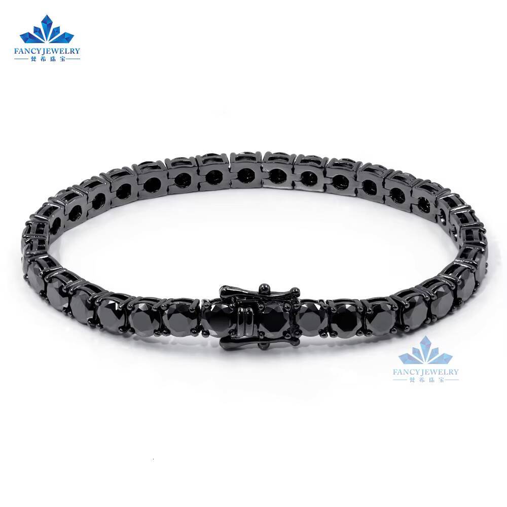 Man Women Bracelet Factory Customs Pass Diamond Tester 2mm 3mm Round Cut Black Moissanite Tennis Bracelet Chain
