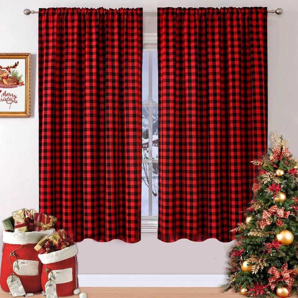 Christmas Buffalo Check Window Curtains Farmhouse Style Gingham Curtain Christmas Plaid Decor Adjustable Shades Rod Pocket Window Valances Y251126