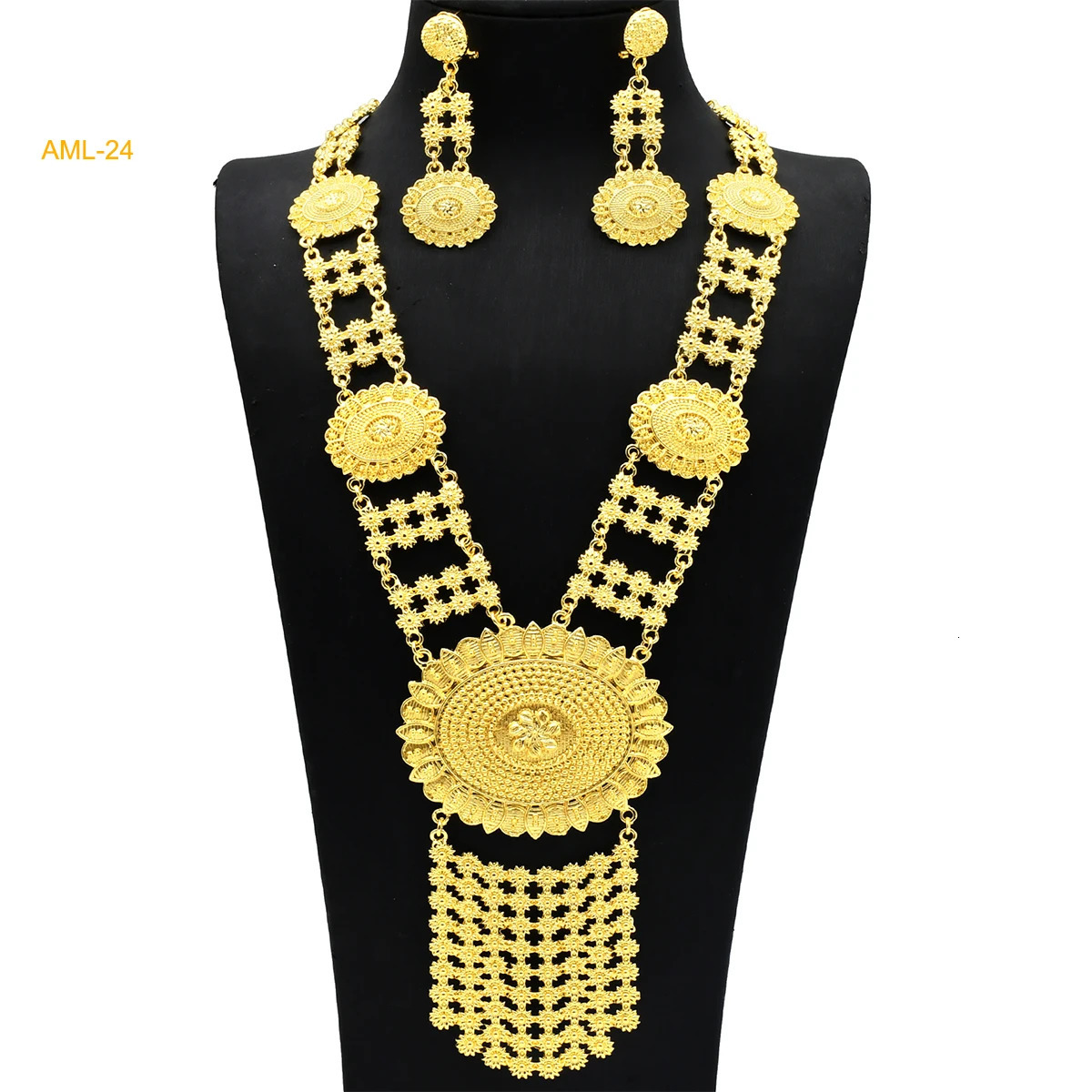 ANIID Indian Fashion 24k Gold Color Charm Necklace And Earrings Set African Wedding Jewelry Sets Bridal for Dubai Party Gifts w251121 - view 4