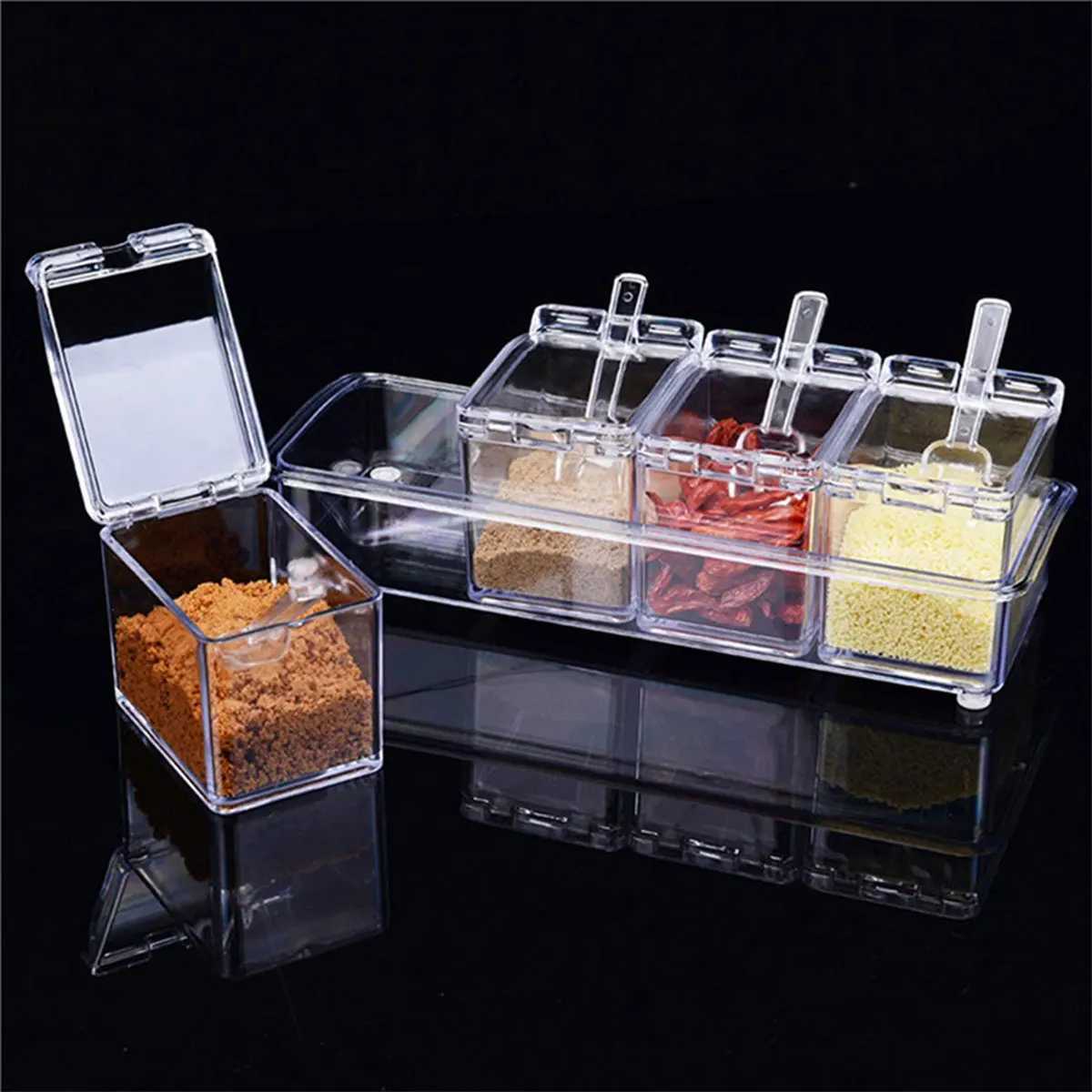 Clear Seasoning Box Set of 4 Crystal Seasoning Storage Container with Spoon Clear Seasoning Rack Spice Pots for Pepper Spice Y251126