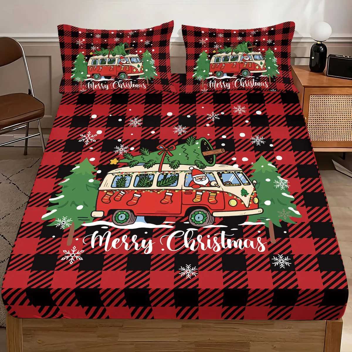 Christmas 3pcs Christmas red checkered car print coreless bed sheet set multiple size soft bed covers bedroom bedding decorations Y251126