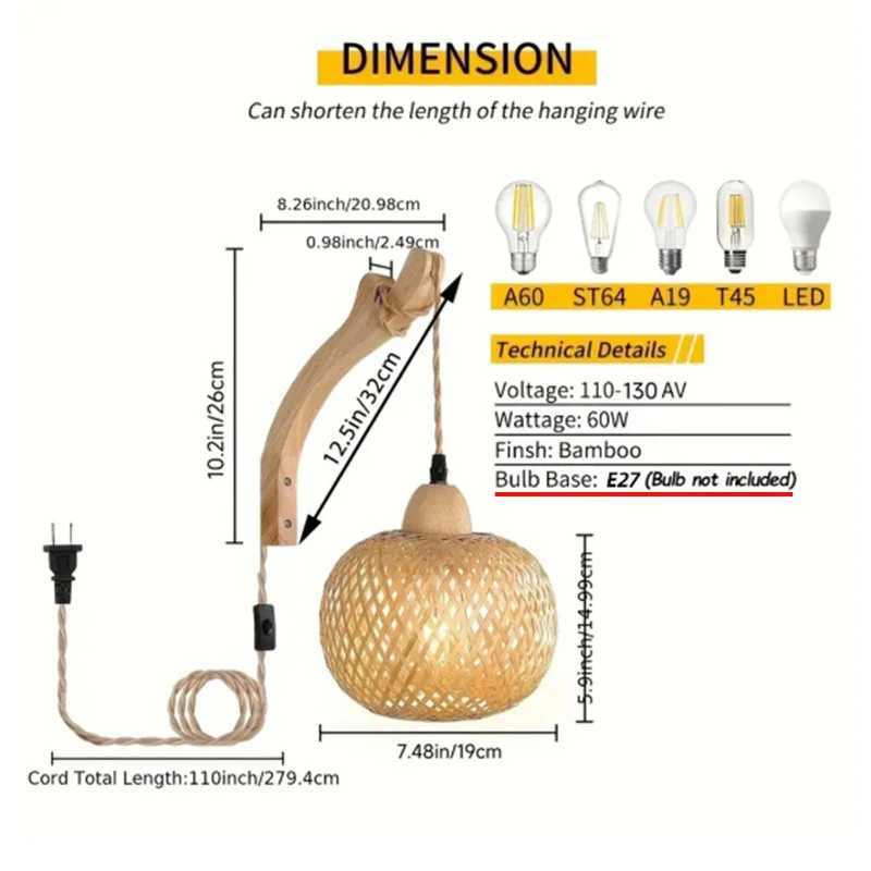 Bamboo Lantern Wall Lamp Natural Rattan Wicker E27 Chandeliers Hand-Woven Bamboo Room Decor Lampshades Wall Light Fixtures M251126
