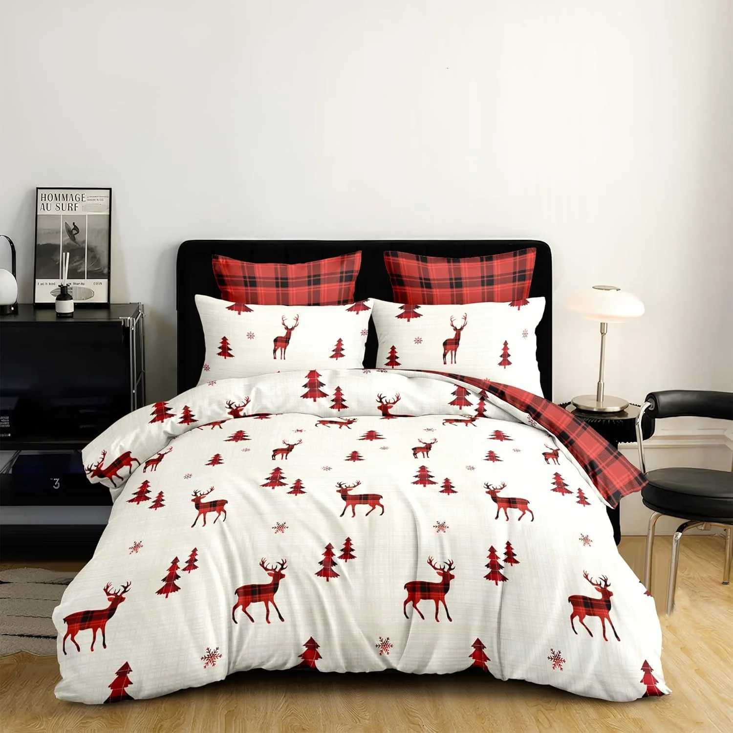 Christmas Christmas Duvet Cover Holiday Bedding Set Reversible Red Reindeer Christmas Tree Buffalo Check Plaid Duvet Cover Xmas Gifts Y251126