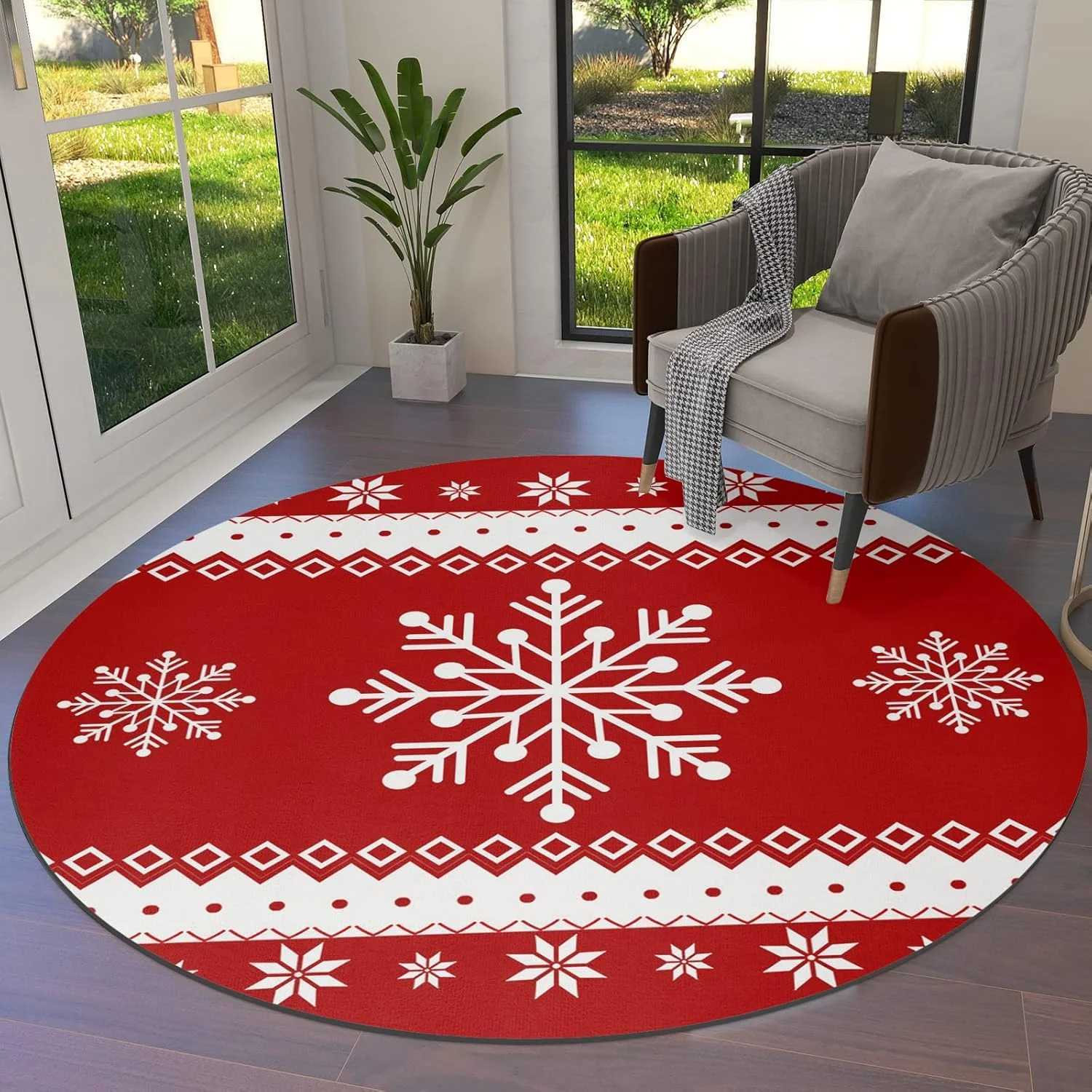 Christmas Round Area Rug White Snowflake Floor Carpets Washable Indoor Floor Area Mat for Living Room Kitchen Bedroom NurseryM251126