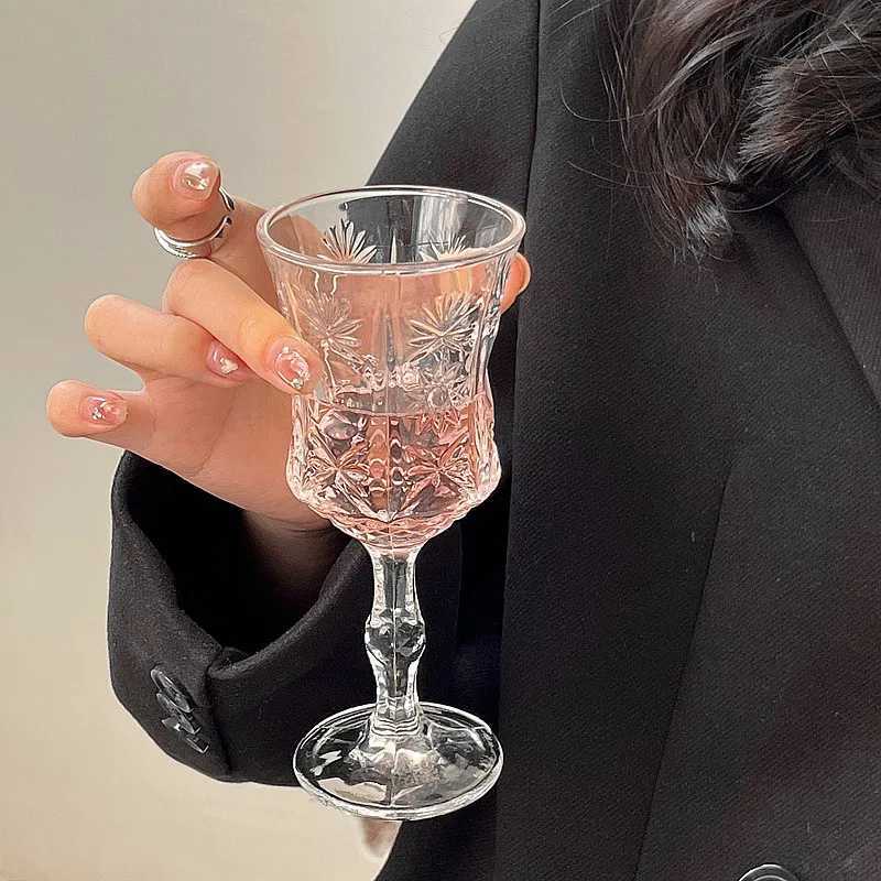 ins cute cup horn transparent glass goblet large opening simple red wine glass embossed champagne cold drink cup C251126