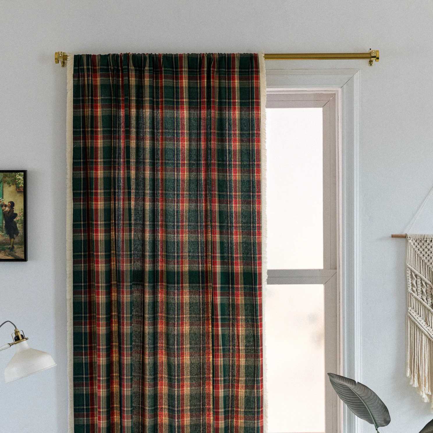 Christmas Green Plaid Curtain Scottish Tartan Striped Xmas Decor Window Curtain Rod Pocket Light Filtering Farmhouse Drape for Living Room Y251126
