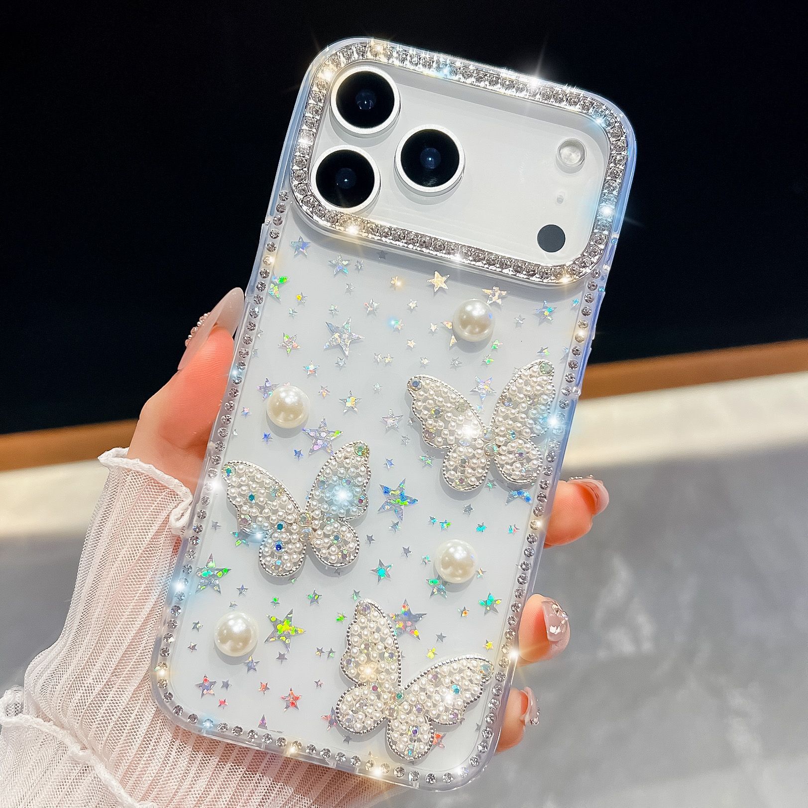 Pearl Butterfly Phone Case Compatible with iPhone 17 Pro Max Shockproof Protective Case iPhone 16/15 Pro