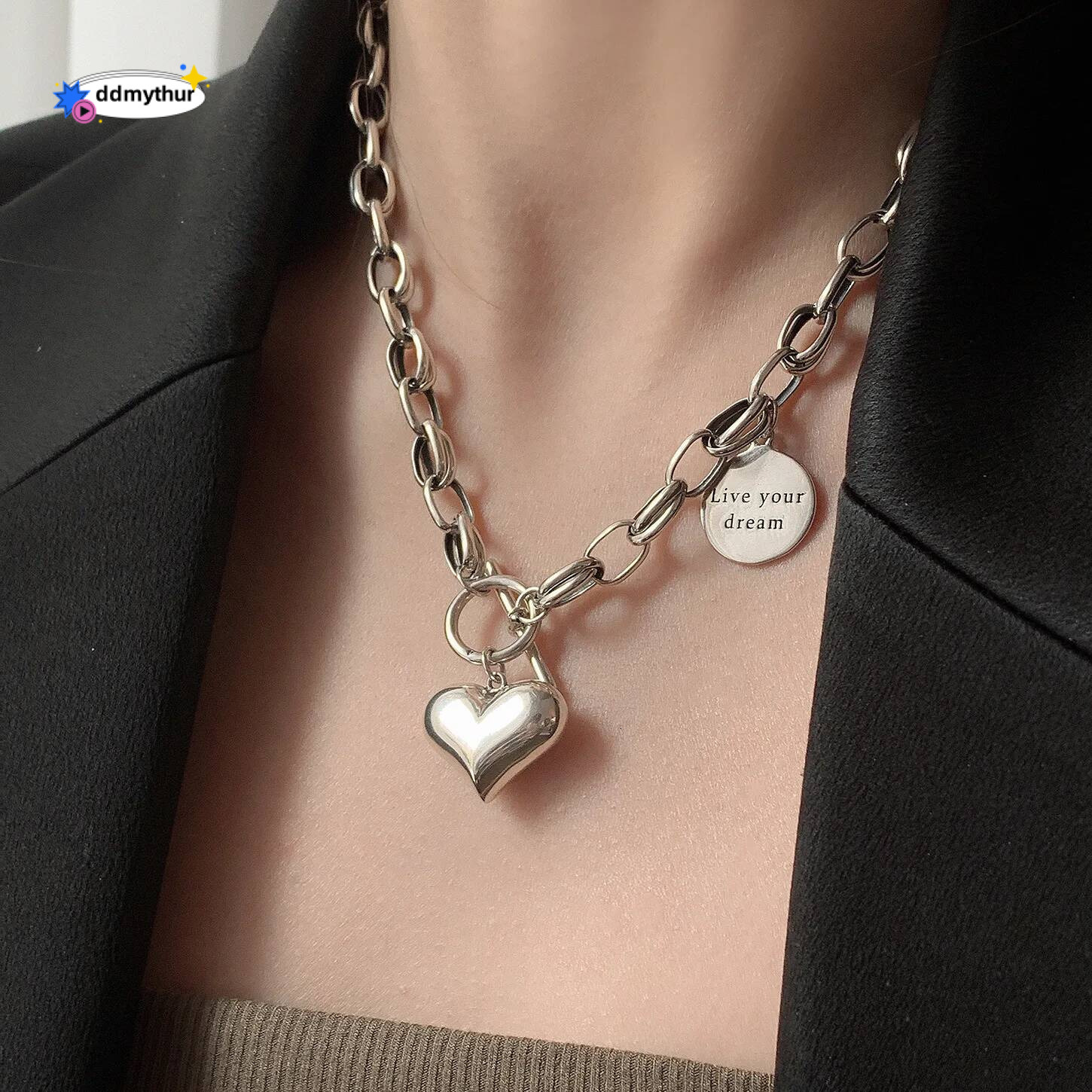 Sterling Sier Necklace Heart OT Clasp Live Your Dream Geometric Punk for Women Girl Jewelry Gift Dropshipping Wholesale ddmythur
