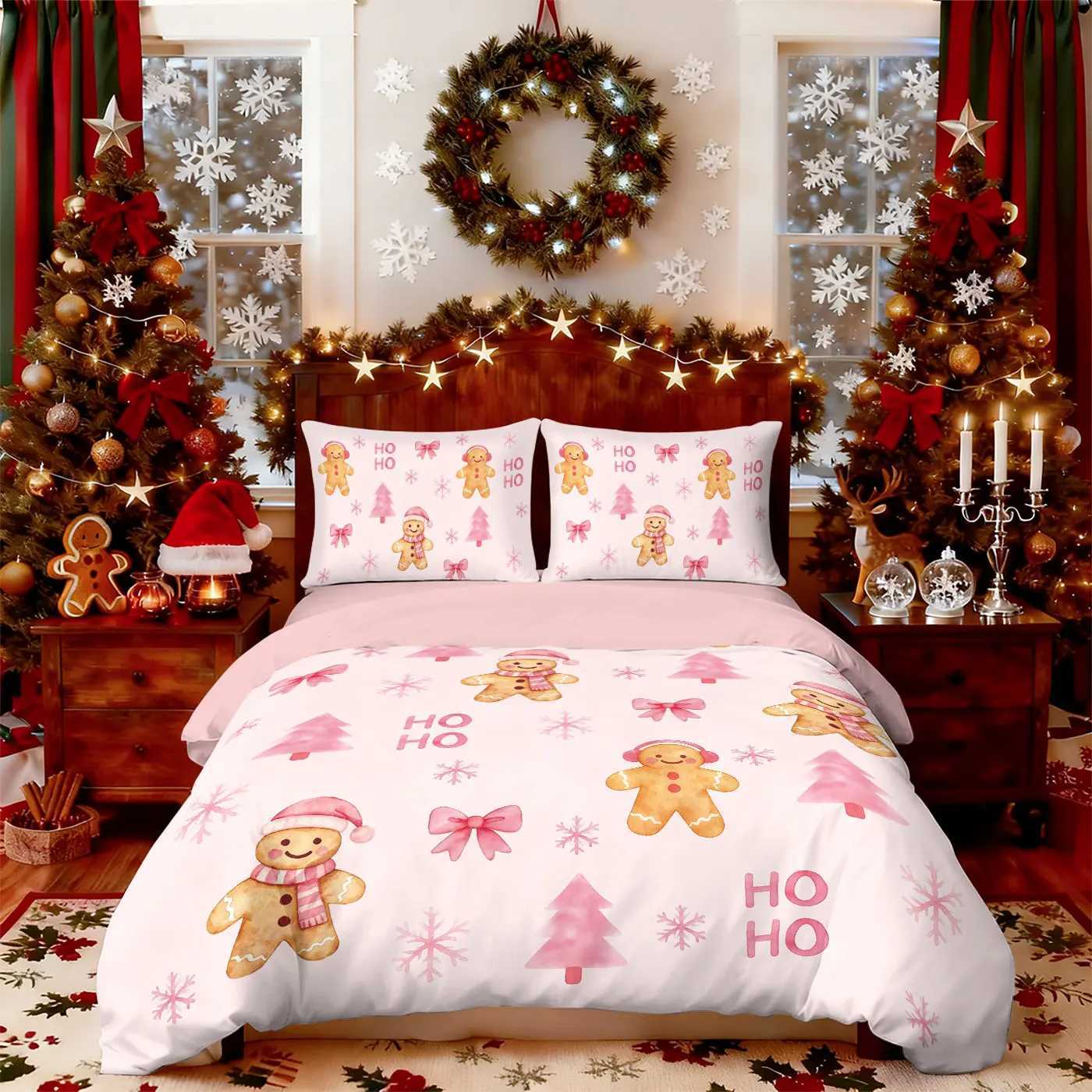 Christmas 3pcs pink Merry Christmas gingerbread printed coreless bedding set multi size bedroom bedding holiday decoration comfortable Y251126