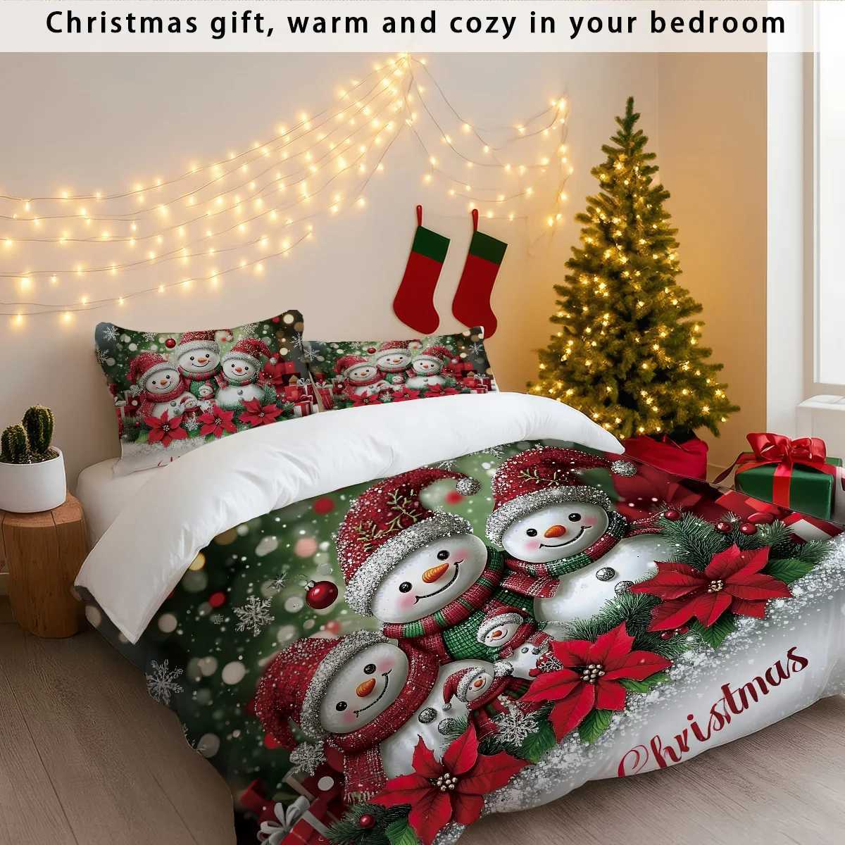 Christmas 3pcs Christmas Snowman Printed Chipless Bedding Set Multiple Sizes Bedrooms and Dormitories Comfortable and Machine Washable Y251126