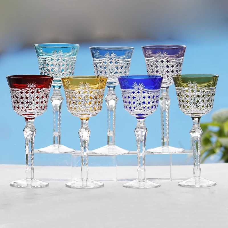 Antiques Style multi colored and hand cut glass crystal hock glass wine glasses with cut stem and base Home Bar Table Decor C251126