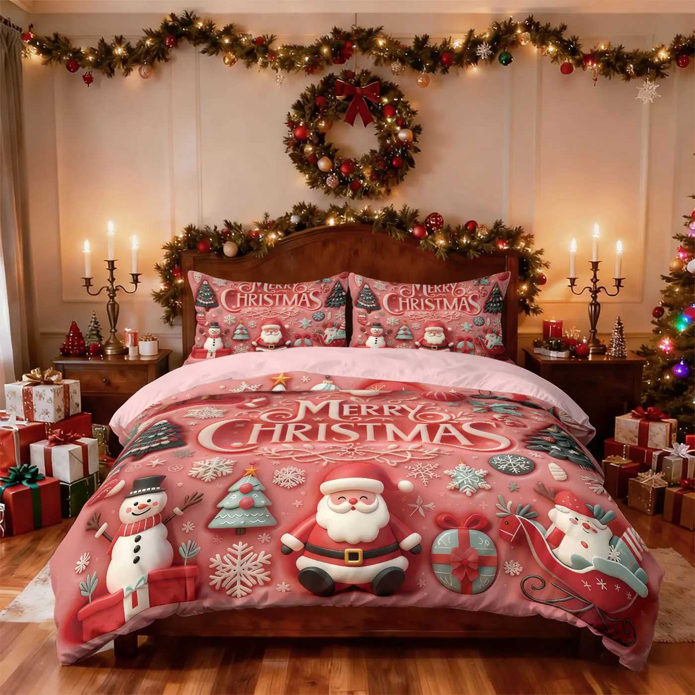 Christmas 3pcs imitation relief Santa Claus print coreless duvet cover set multi size bedroom holiday bedding decoration machine washable Y251126