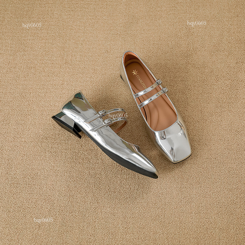 Top quality brand, high-quality new designer shoes, silver women's single square low heel small leather soft sole ballet shoes, fashionable shoes
