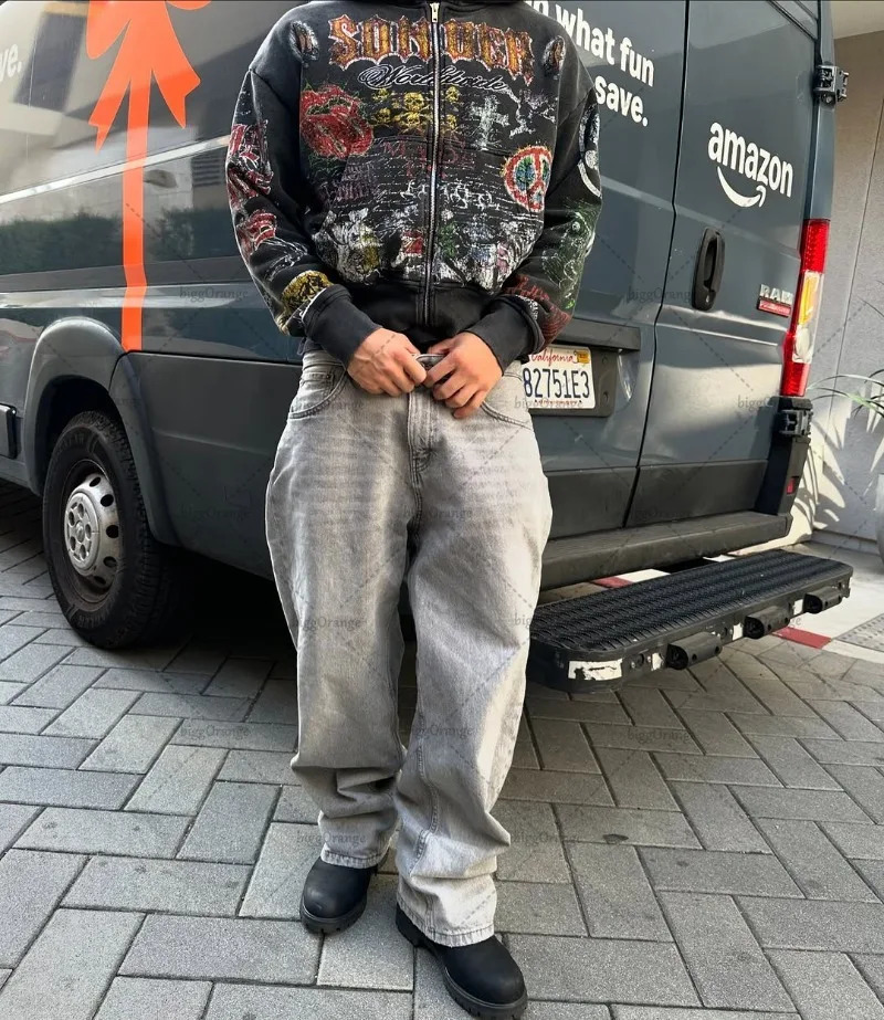 American retro skull graphic zipper mens gothic punk fashion streetwear jacket hip-hop Harajuku Y2K oversized sweatshirt 250422