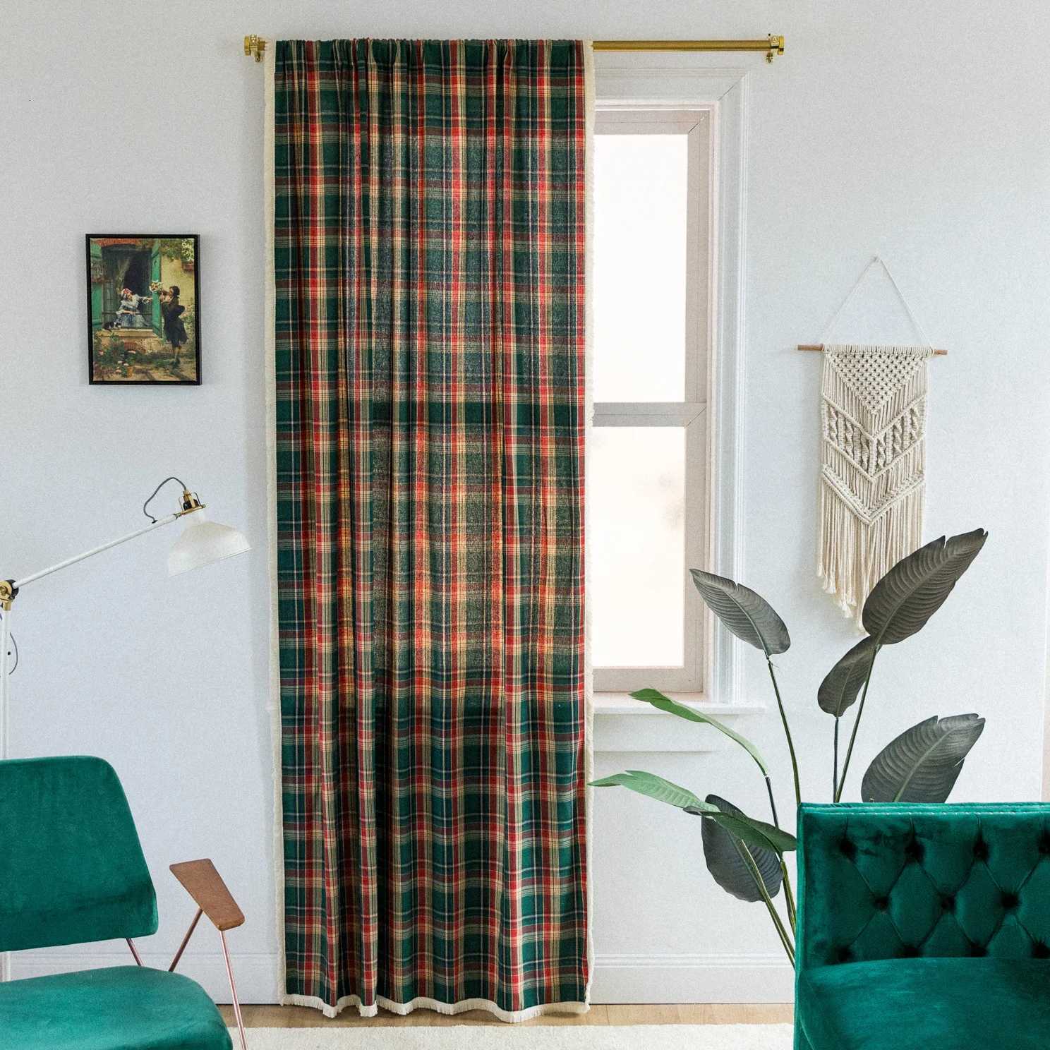 Christmas Green Plaid Curtain Scottish Tartan Striped Xmas Decor Window Curtain Rod Pocket Light Filtering Farmhouse Drape for Living Room Y251126
