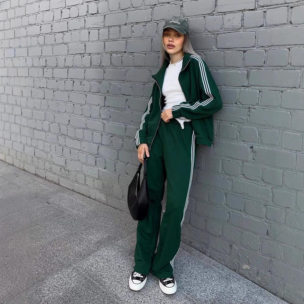 BOOFEENAA Spring 2020 Casaul Tracksuit Women 2 Piece Set Top And Pants Satin Striped Patchwork Zipper Sexy Sweatshirt Sweat Suit CX200707