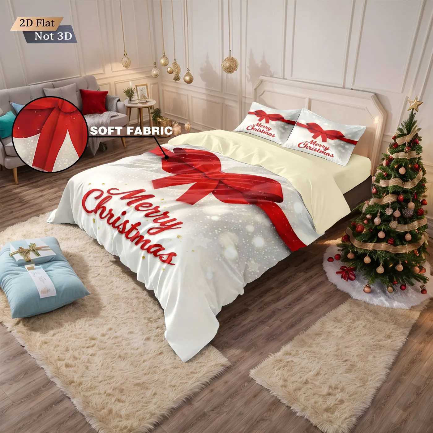 Christmas 3pcs Merry Christmas Red Bow Printed Chipless Bedding Set Multi Size Bedroom Bedding Holiday Decoration Machine Washable Y251126