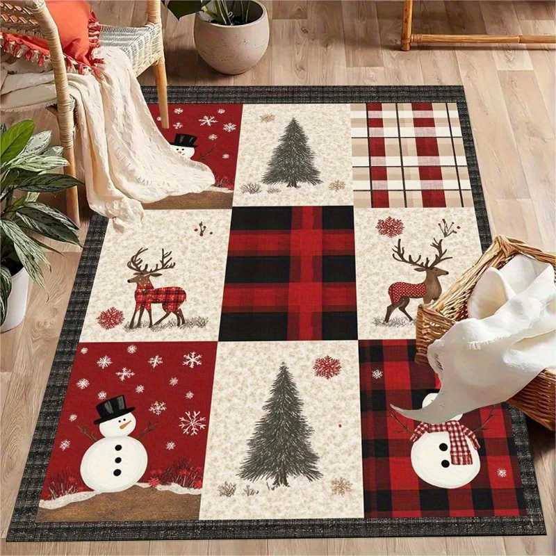 Christmas Carpet Snowman Christmas Tree Reindeer Print Mat for Dining Rooms Living Rooms Game Rooms Non-slip Festive Decor RugM251126