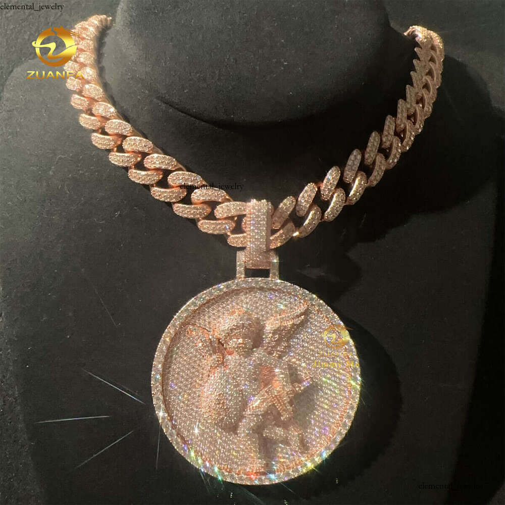 2.5inch Diameter Rose White Gold Plated Iced Out Sterling Sier Hip Hop Jewelry VVS Moissanite Angel Pendant