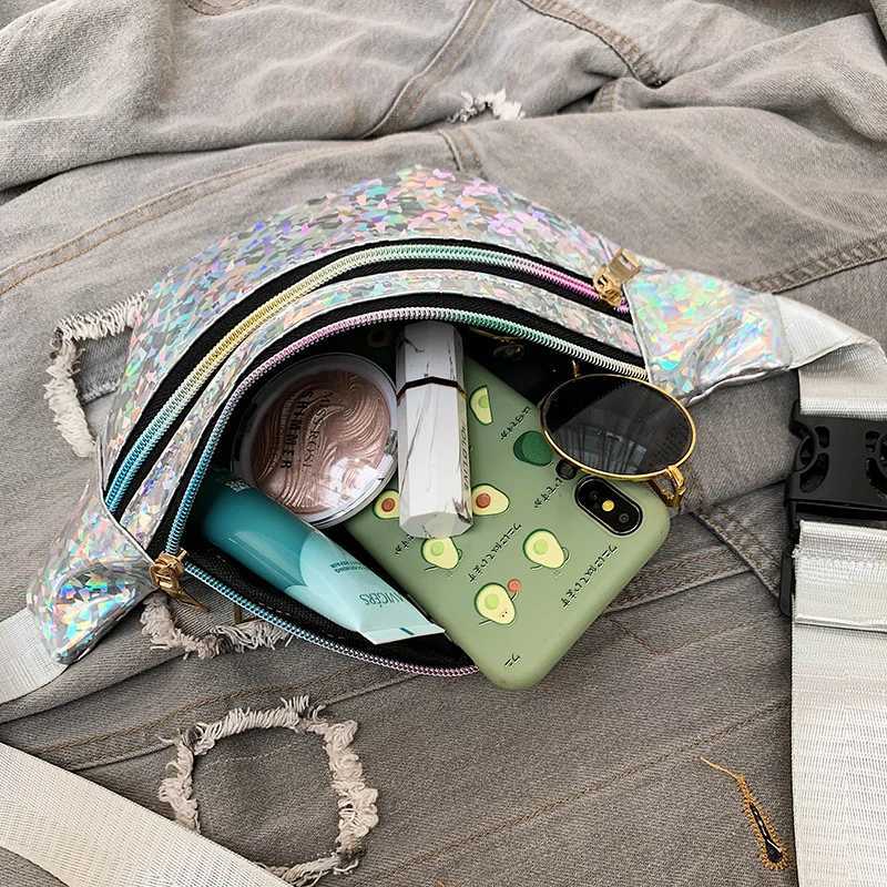 Holographic Waist Bags Women Silver Fanny Pack Female Belt Bag Black Geometric Waist Packs Laser Chest Phone Pouch Bum BagT251126