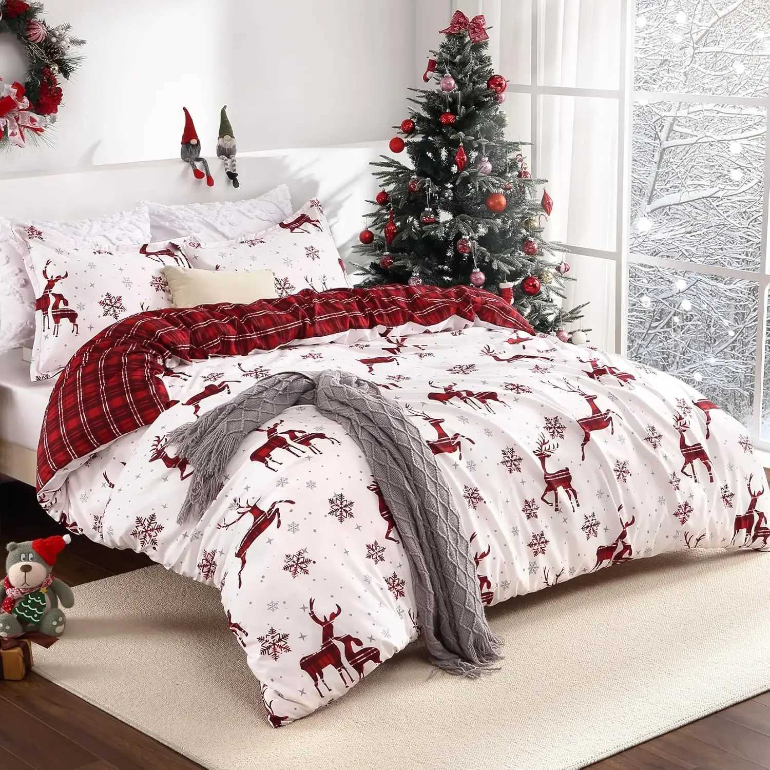 Christmas Merry Christmas Duvet Cover Christmas Elk Snowflakes Red Bedding Set Happy New Year Quilt Cover Holiday Gifts Bedroom Decoration Y251126