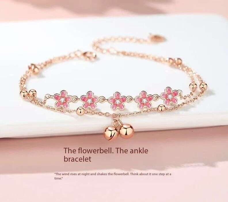 Designer 2025 Peach Blossom Bell Anklet for Women, Adjustable Double-Layer Chinese Style Foot Chain, Valentine's Gift/Birthday Present