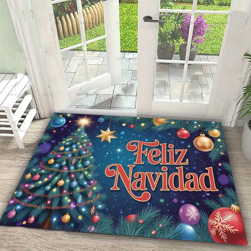 Feliz Navidad Christmas Doormat Red Background with Snowman Reindeer Santa Design White Snowflakes Gold Stars for Holiday DecorM251126