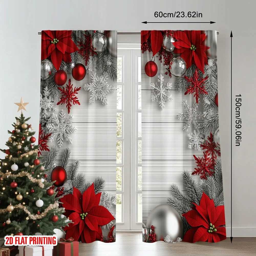 Curtain Christmas 2pcs 2D flat printing Merry Christmas Window Curtains Christmas Ornaments Red Silver Snowflakes 2 Polyester Without Y251126